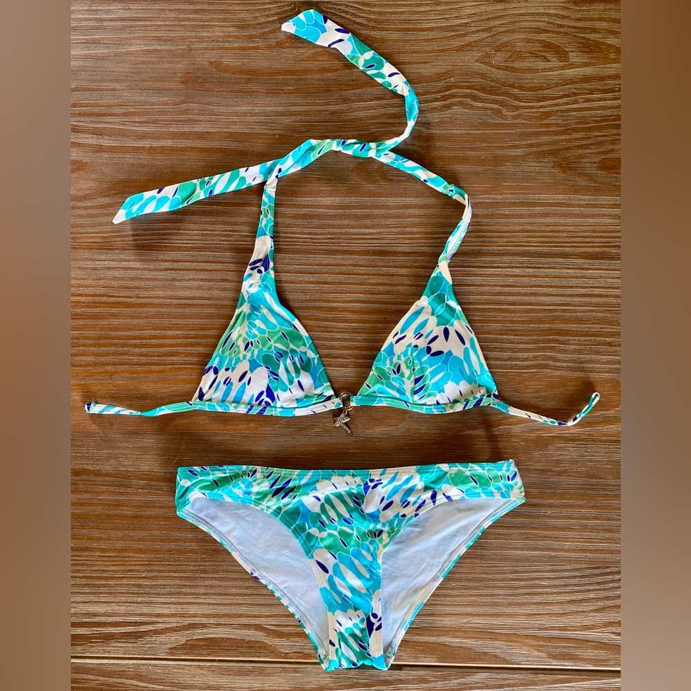 H&M Blue and Green Abstract Print Bikini Set